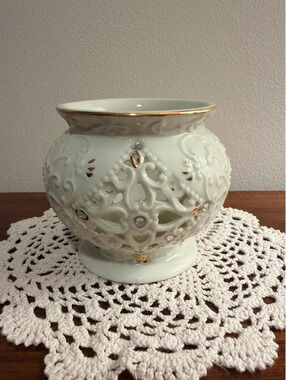 Formalities by Baum Bros Pierced Porcelain Votive Holder Ivory Gold Rhinestones